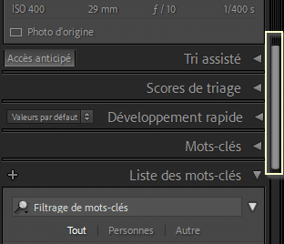 Barre de défilement ou ascenseur dans Lightroom Classic