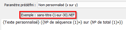 Paramètre prédéfini x sur y de l'éditeur de modèles de nom de fichier dans Lightroom Classic