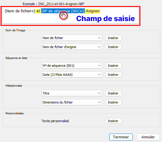 Editeur de modèles et champ de saisie dans Lightroom Classic