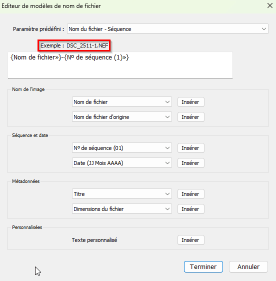L'éditeur de modèles de nom de fichier et l'indication Exemple dans Lightroom Classic