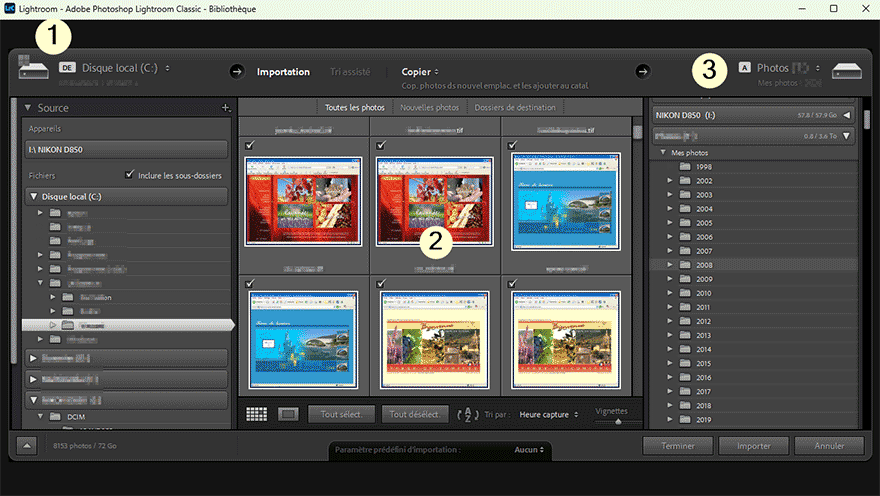 Fenêtre importer source et cible dans Lightroom Classic