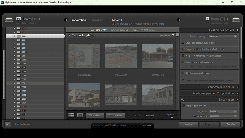 Fenêtre Importer dans Lightroom Classic
