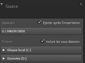 Panneau Source de la fenêtre Importer de Lightroom Classic