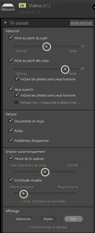 Panneau Tri assisté et ses réglages dans Lightroom Classic