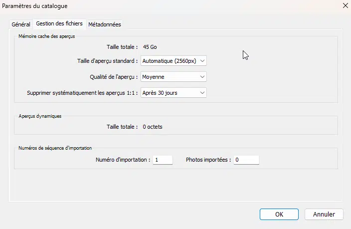 Gestion des fichiers dans les paramètres du Catalogue de Lightroom Classic
