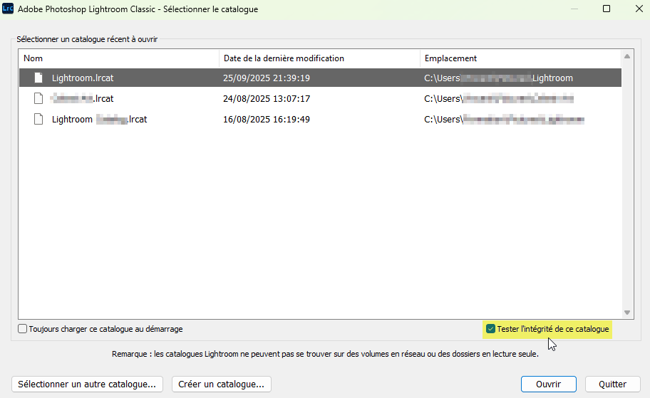 Tester l'intégrité d'un catalogue dans Lightroom Classic