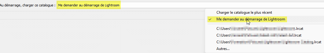 Choix du catalogue au démarrage de Lightroom Classic