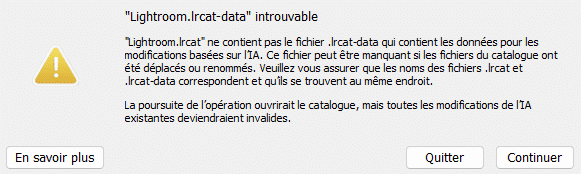 Fenêtre d'avertissement de l'absence du dossier .lrcat-data dans Lightroom Classic