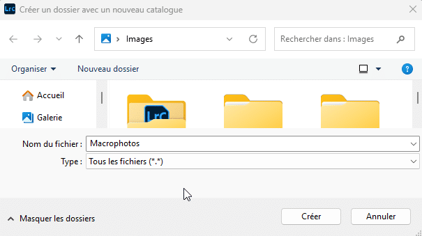 Créer un dossier avec un nouveau catalogue dans Lightroom Classic