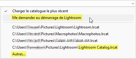 Choisir un catalogue avec Lightroom Classic