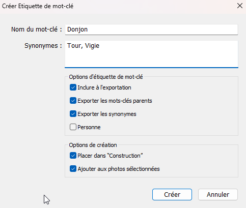 Boite de dialogue, créer étiquettte de mot clé dans Lightroom Classic