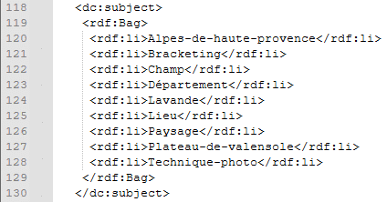 Exemple de contenu de fichier XMP de Lightroom Classic