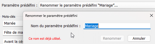 Paramètres prédéfinis de mots clés dans Lightroom Classic
