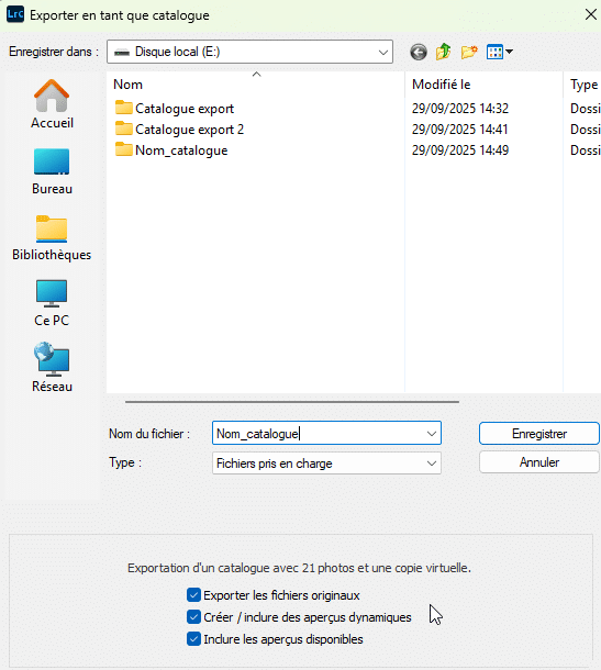 Exporter en tant que Catalogue dans Lightroom Classic