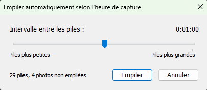 Fenêtre empilement automatique selon l'heure de capture dans Lightroom Classic