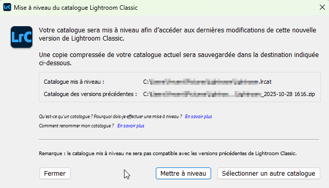Mise à niveau du catalogue de Lightroom Classic