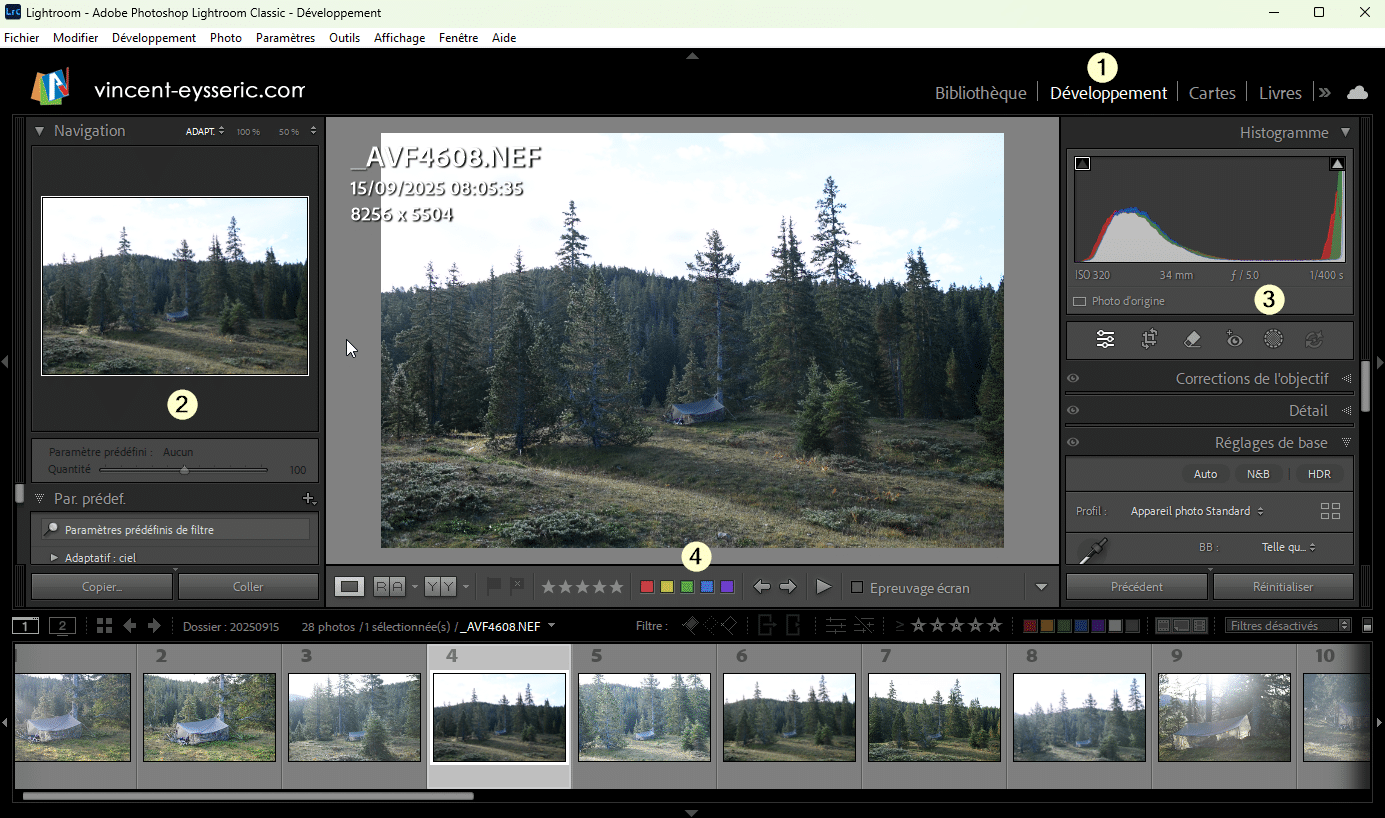 L'espace de travail du module Développement de Lightroom Classic