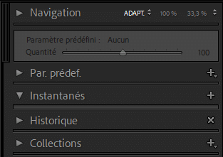 Panneau de gauche du module développement de Lightroom Classic