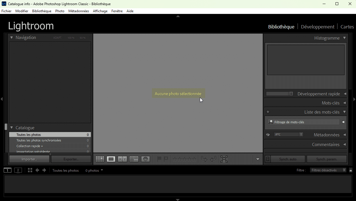 Espace de travail initial de Lightroom Classic
