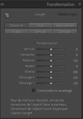 Panneau Transformation dans Lightroom Classic