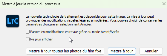 Mise à niveau de la version de processus dans Lightroom Classic