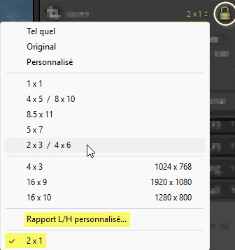 Personnalisation de rapport de recadrage dans Lightroom Classic