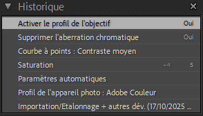 Panneau Historique de Lightroom Classic