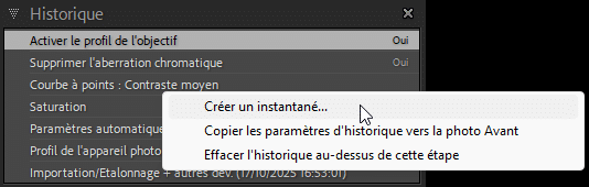 Créer un instantané à partir de l'historique dans Lightroom Classic