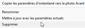 Menu contextuel du panneau Instantané de Lightroom Classic