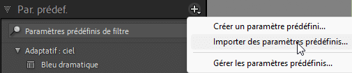 Menu Importer un paramètre prédéfini dans Lightroom Classic