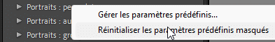 Réinitialiser les paramètres prédéfinis masqués de Lightroom Classic
