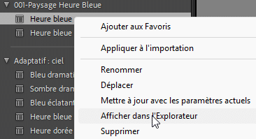 Afficher un paramètre prédéfini dans le Finder ou l'Explorateur de fichiers dans Lightroom Classic