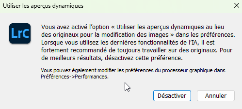 Notification liée à l'intelligence artificielle dans Lightroom Classic