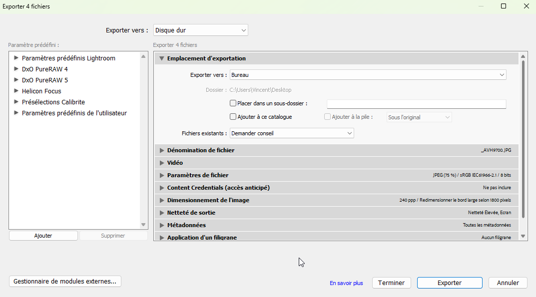 Fenêtre d'exportation dans Lightroom Classic