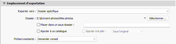 Emplacement d'exportation dans Lightroom Classic