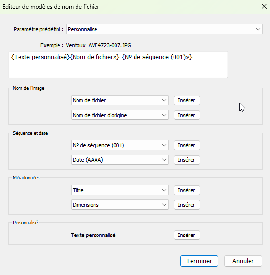 Editeur de modèle de nom de fichier dans Lightroom Classic
