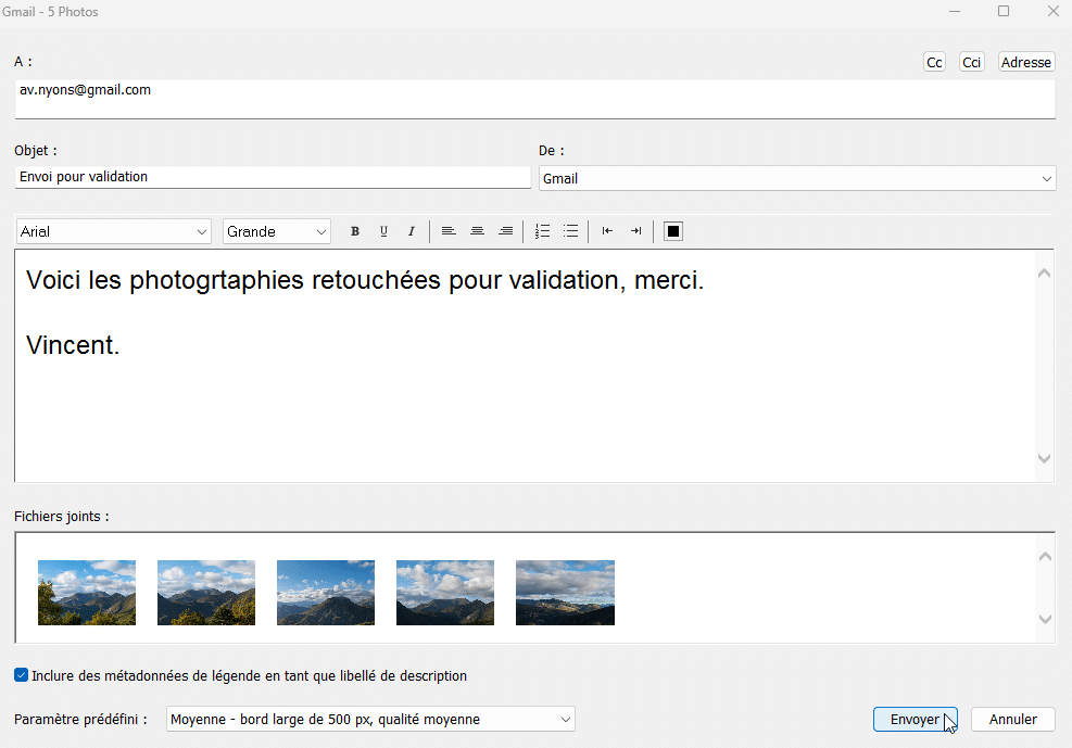 Envoie d'email avec Lightroom Classic