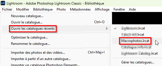 Ouvrir un catalogue récent dans Lightroom Classic