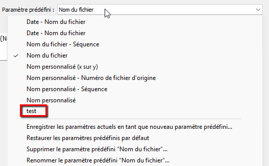 Les paramètres prédéfinis de l'Editeur de modèles de nom de fichier dans Lightroom Classic