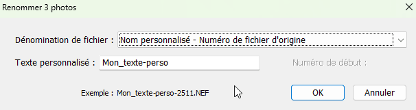 Renommer : Texte personnalisé - Numéro du fichier d'origine dans Lightroom Classic