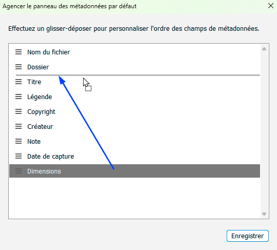 Agencer le panneau des métadonnées