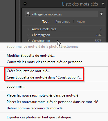 Créer un mot-clé avec le panneau Liste de mots clés dans Lightroom Classic