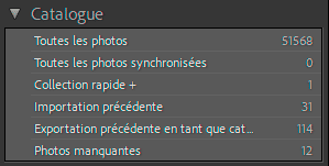 Les différents filtres du panneau Catalogue de Lightroom Classic