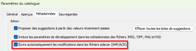 Ecrire automatiquement les modifications dans les fichiers sidecar (XMP/ACR) de Lightroom Classic