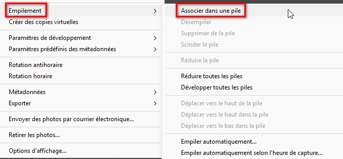 Empilement puis Associer dans une pile de Lightroom Classic
