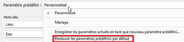 Restaurer les paramètres prédéfinis par défaut