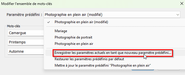 Enregistrer le paramètre prédéfini d'un ensemble de mots-clés dans Lightroom Classic