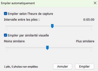 Résultat de l'empilement automatique dans Lightroom Classic