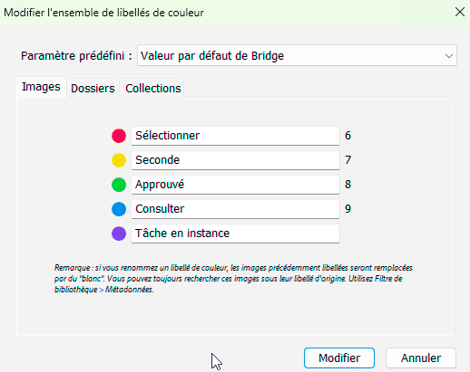 Libellé de couleurs de Bridge par défaut