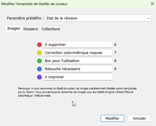Libellé de couleurs d'état de la révision dans Lightroom Classic